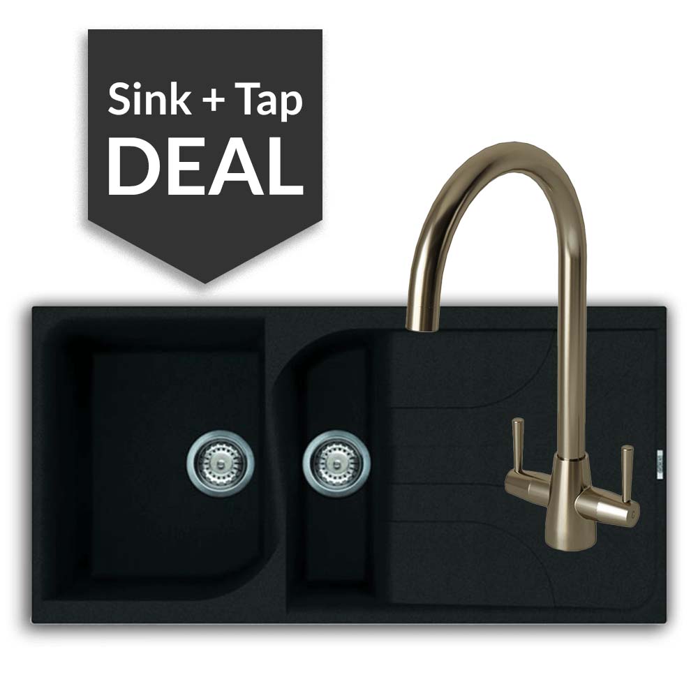 Quartz Black 1.5 Bowl Sink & Cascade Brushed Steel Tap Pack