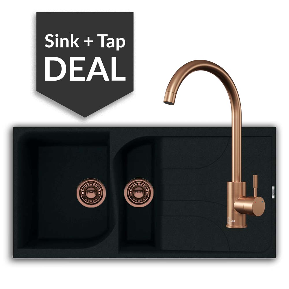 Quartz Black 1.5 Bowl Sink & Varone Copper Tap Pack