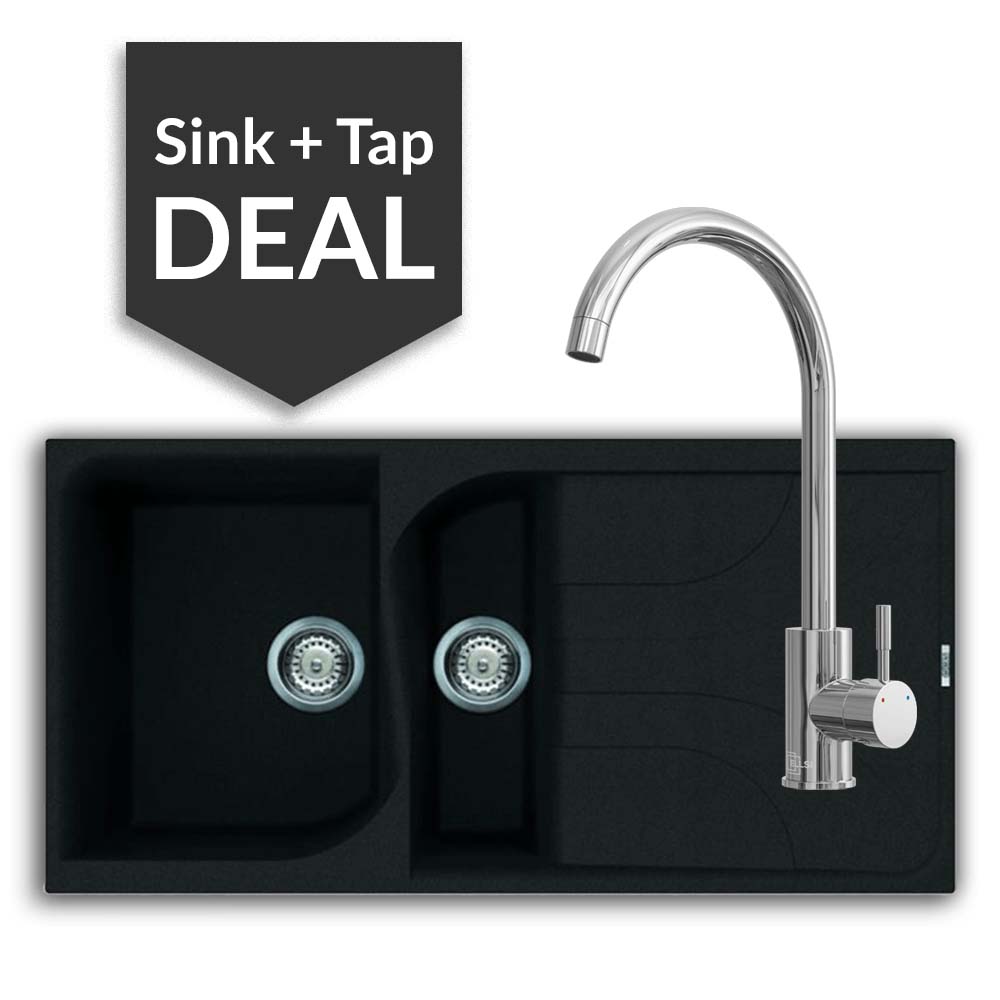 Quartz Black 1.5 Bowl Sink & Varone Chrome Tap Pack
