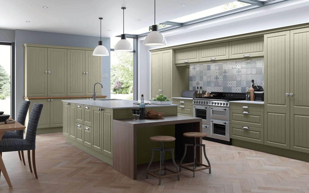 Tamar Reed Green Groove Panelled Kitchen Incorporating Tall Kitchen Units