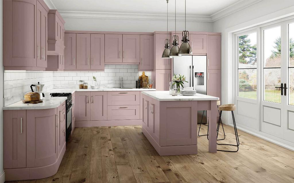 Elsworthy Vintage Pink kitchen with marble worktop and standard and extra deep wall units.