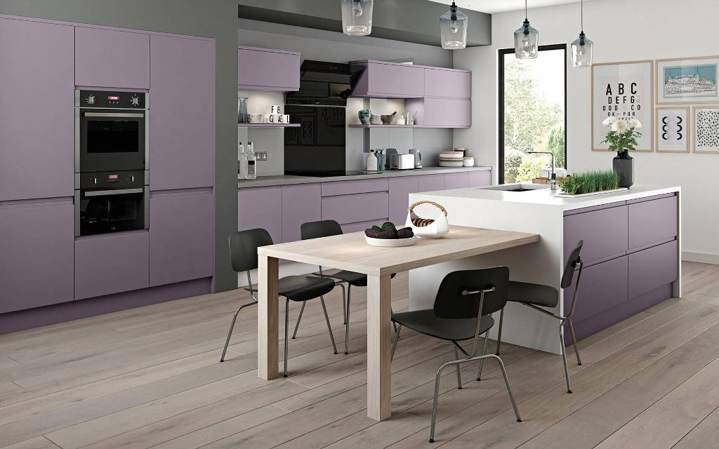 Marino French Lavender Handleless Kitchen with standard top box wall units.