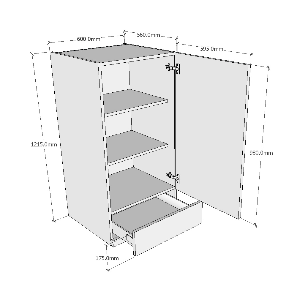 600mm Worktop Larder Dresser Unit with 1 x Drawer (Medium) Dimensions