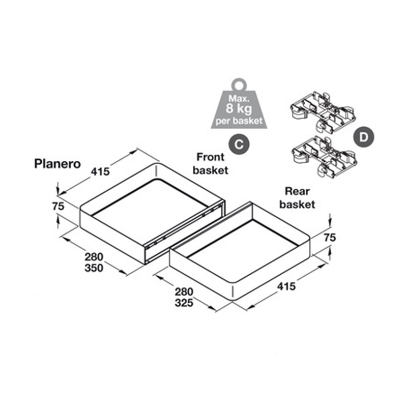 PLANERO Universal Blind Corner Optimiser Mechanism - To Suit 1000mm Unit - 500mm wide Door - Dimensions