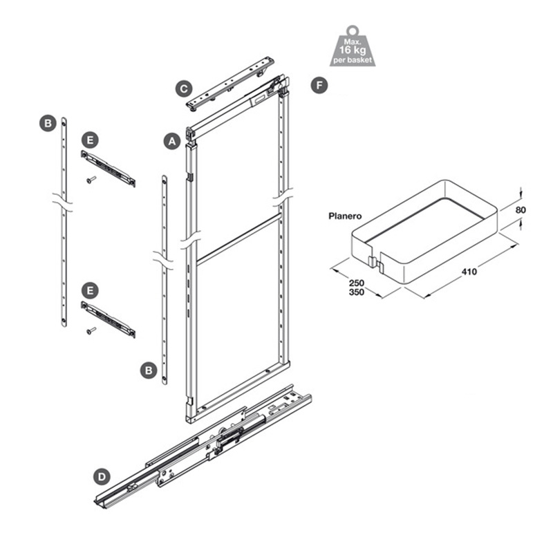 400mm PLANERO Soft Close Pull Out Larder Mechanism Dimensions