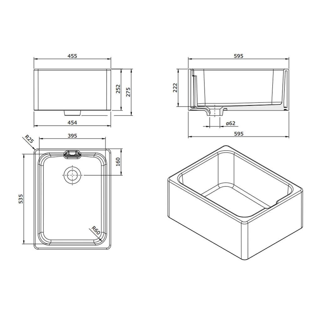 600mm Single Belfast Sink & Cascade Matte Black Tap Pack - 2024 Dimensions