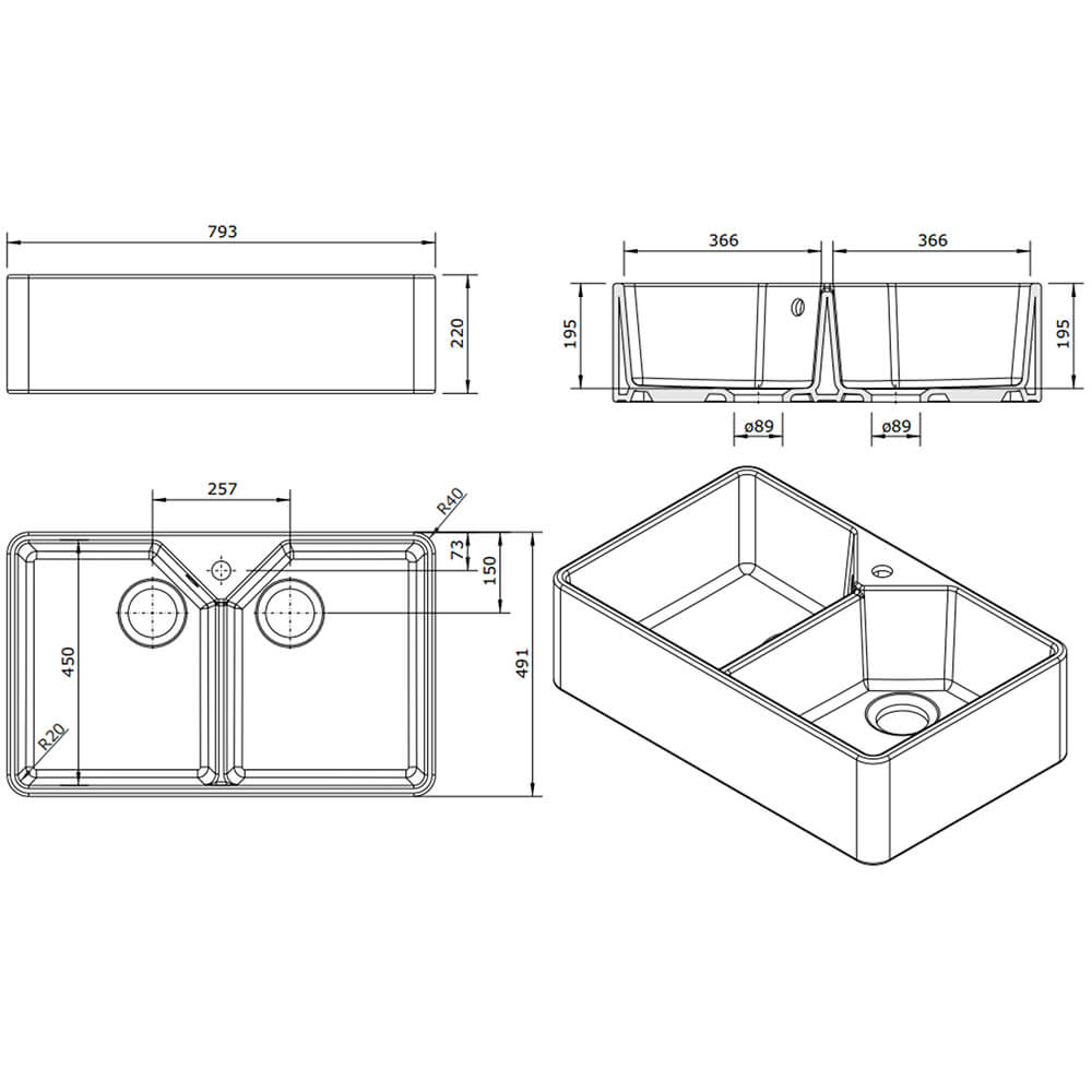 800mm Double Belfast Sink & Mesa Brass Tap Pack - 2024 Dimensions