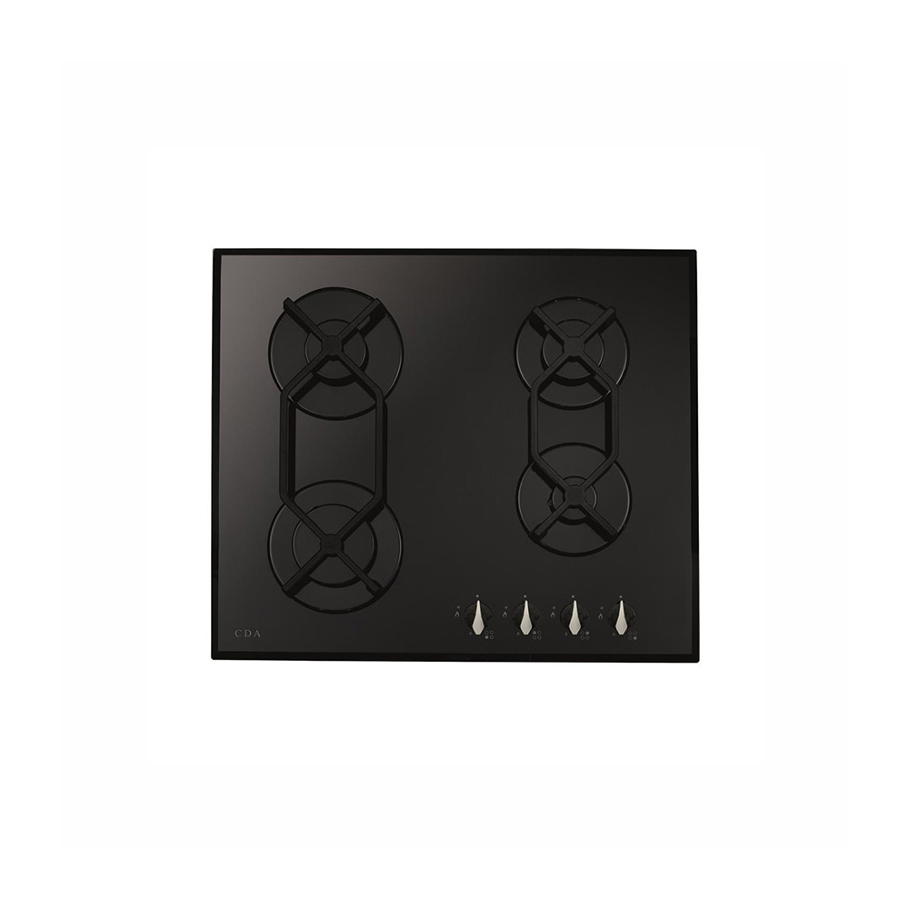 CDA HVG621BL 60cm 4 Ring Gas-on-Glass Hob, Cast Iron Supports, Black