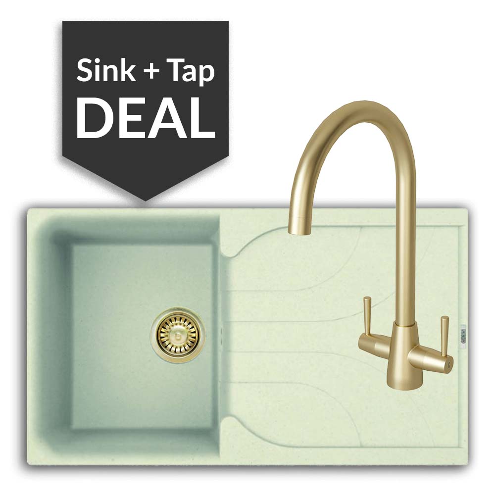 Quartz Cream Small Single Bowl Sink & Cascade Brass Tap Pack