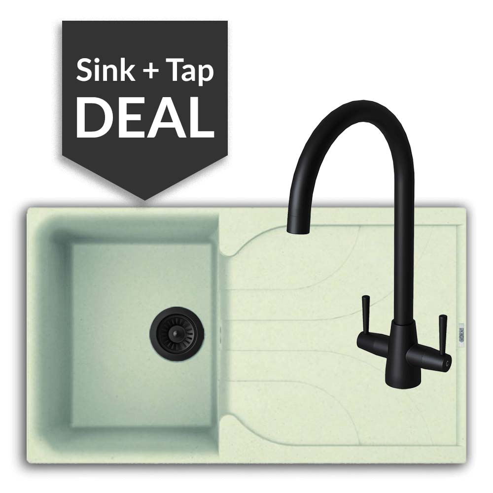 Quartz Cream Small Single Bowl Sink & Cascade Matte Black Tap Pack