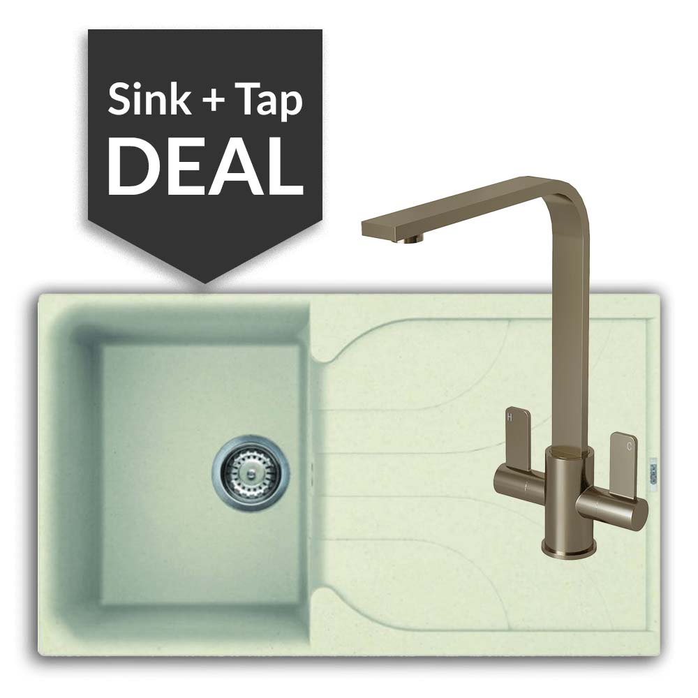 Quartz Cream Small Single Bowl Sink & Mesa Brushed Steel Tap Pack