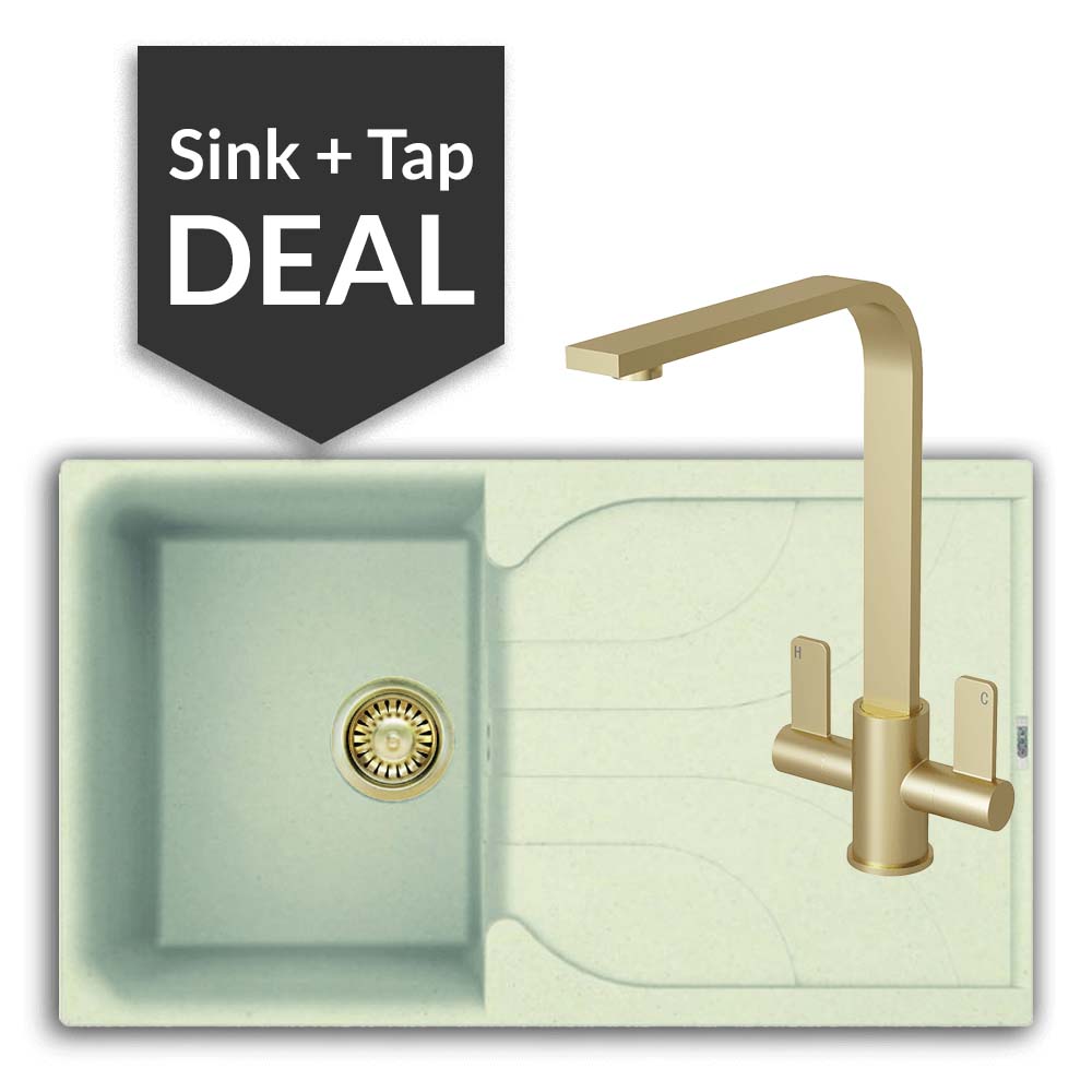 Quartz Cream Small Single Bowl Sink & Mesa Brass Tap Pack