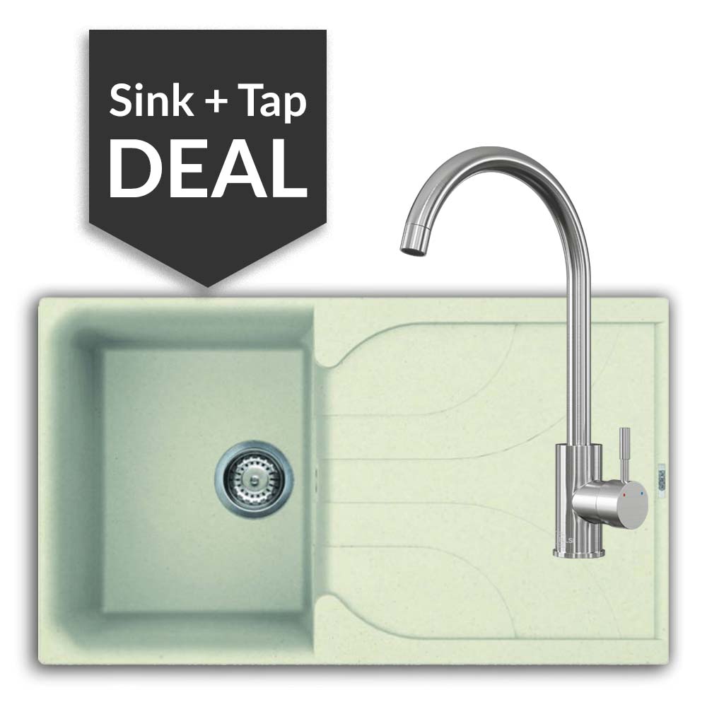 Quartz Cream Small Single Bowl Sink & Varone Brushed Steel Tap Pack