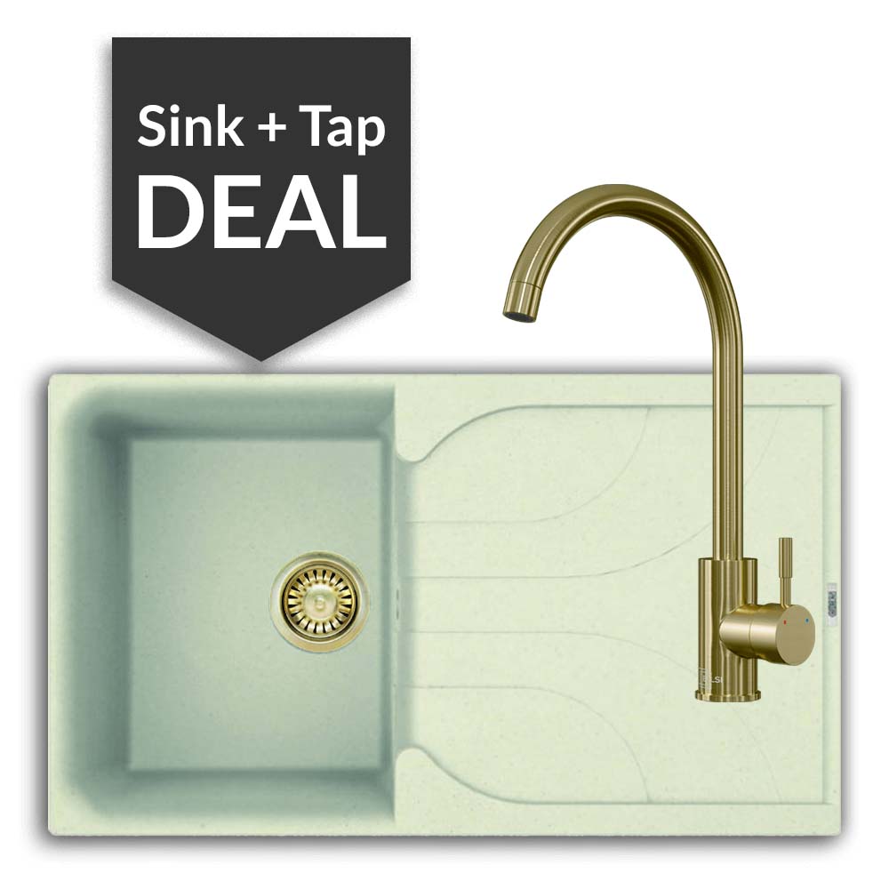 Quartz Cream Small Single Bowl Sink & Varone Brass Tap Pack