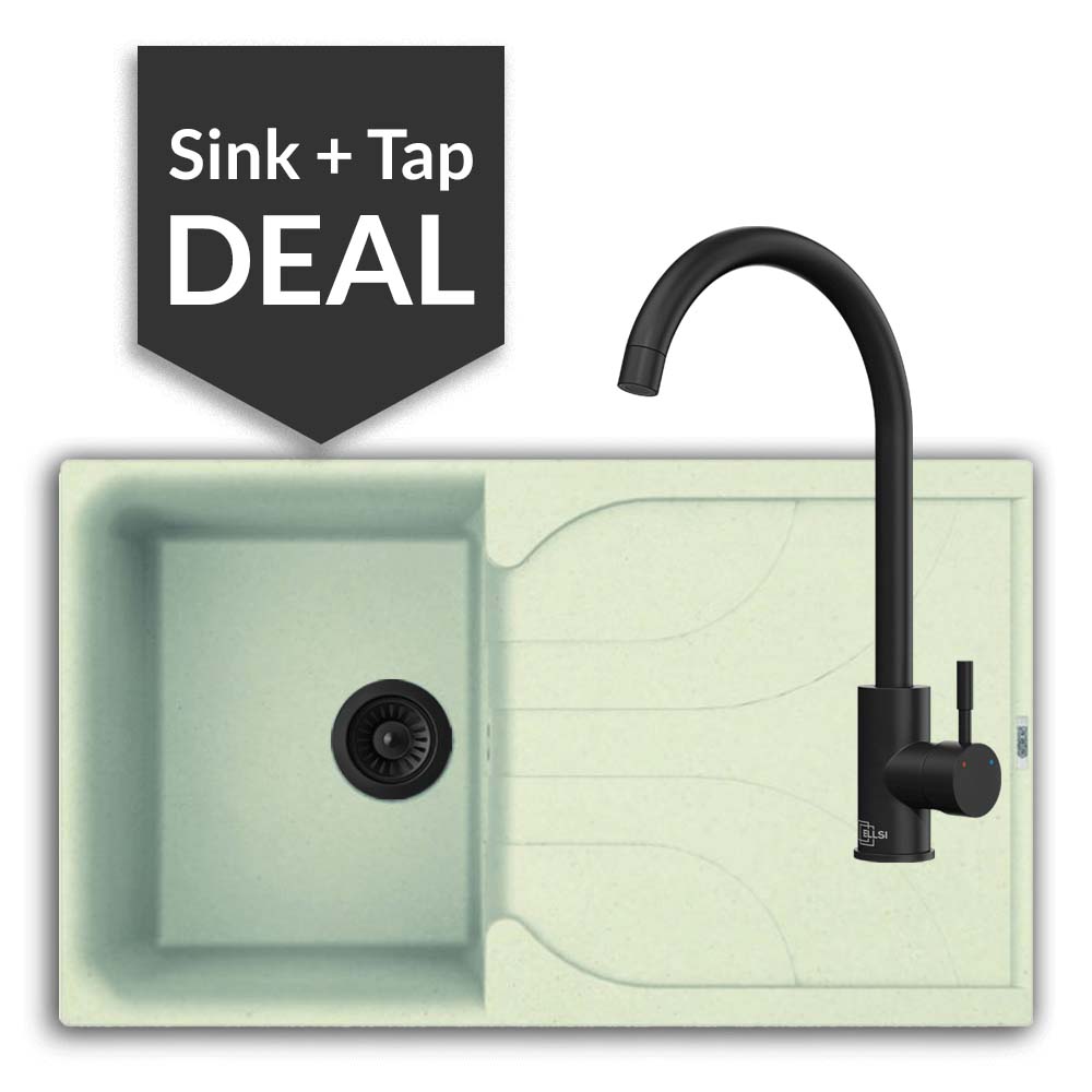 Quartz Cream Small Single Bowl Sink & Varone Matte Black Tap Pack