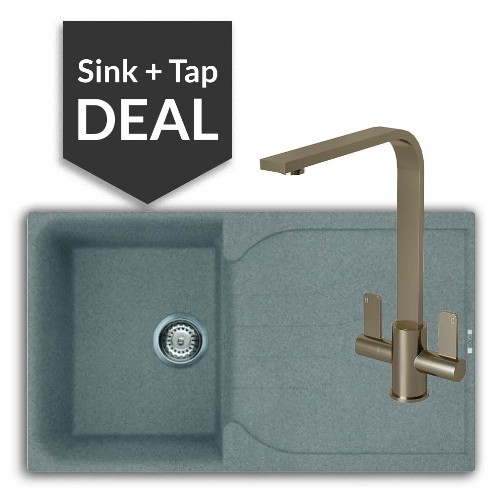 Quartz Titanium Small Single Bowl Sink & Mesa Brushed Steel Tap Pack