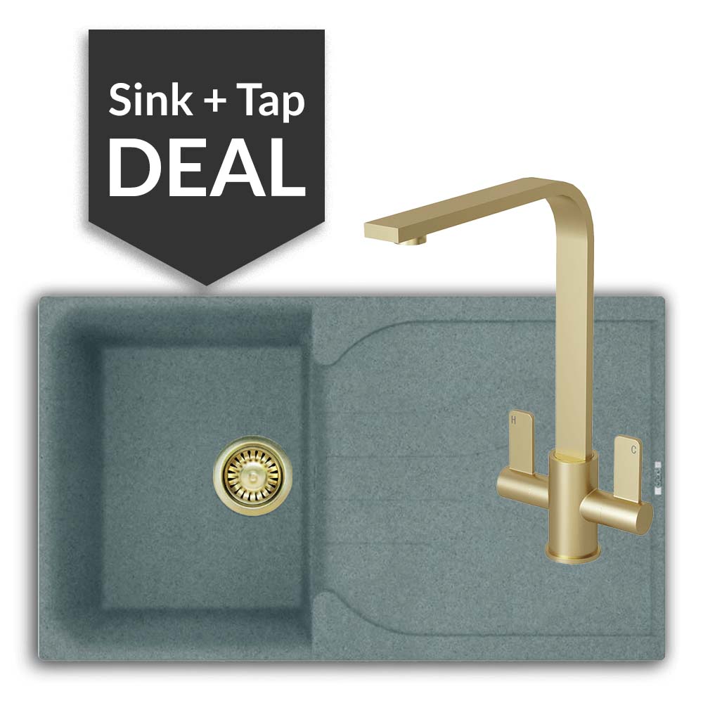 Quartz Titanium Small Single Bowl Sink & Mesa Brass Tap Pack