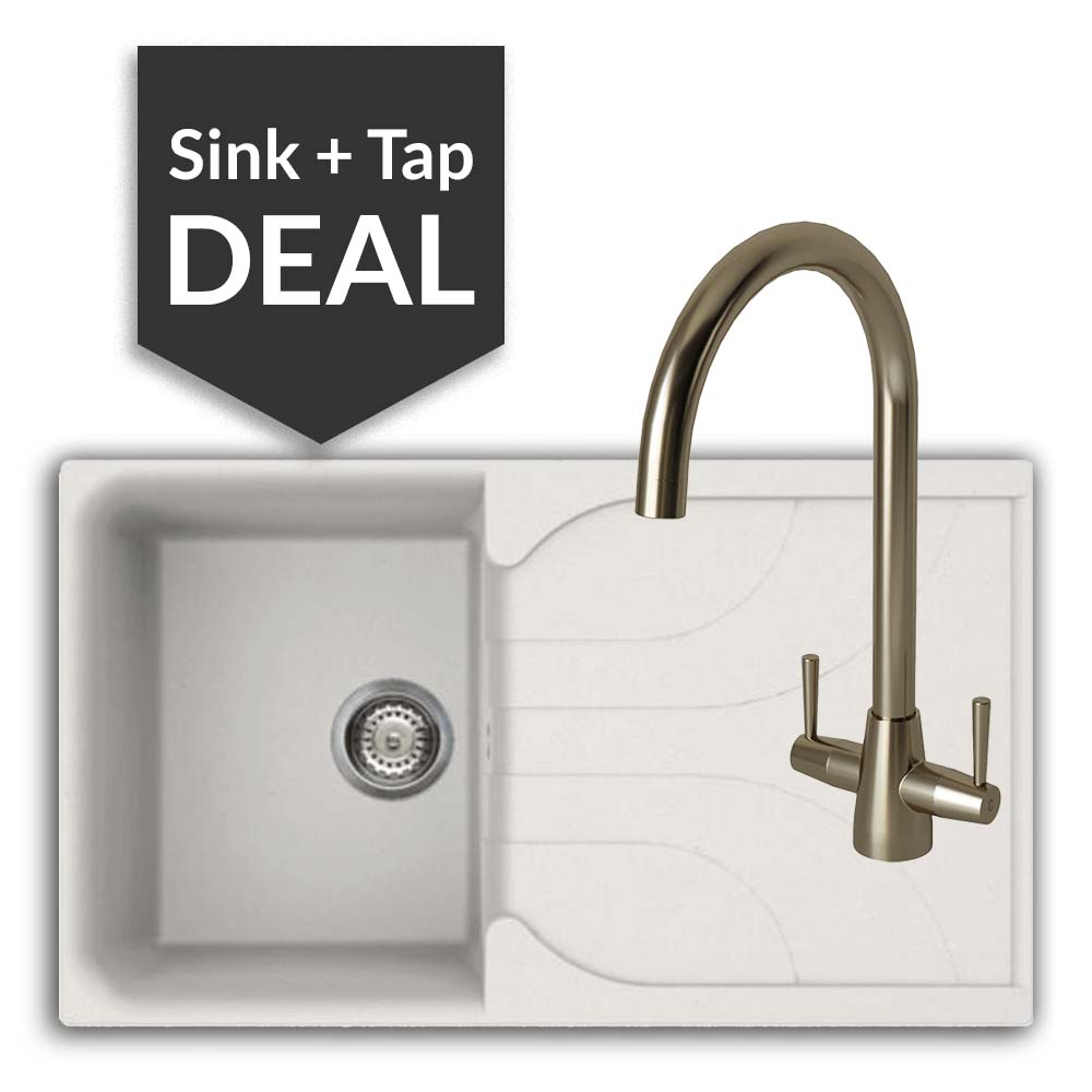 Quartz White Small Single Bowl Sink & Cascade Brushed Steel Tap Pack