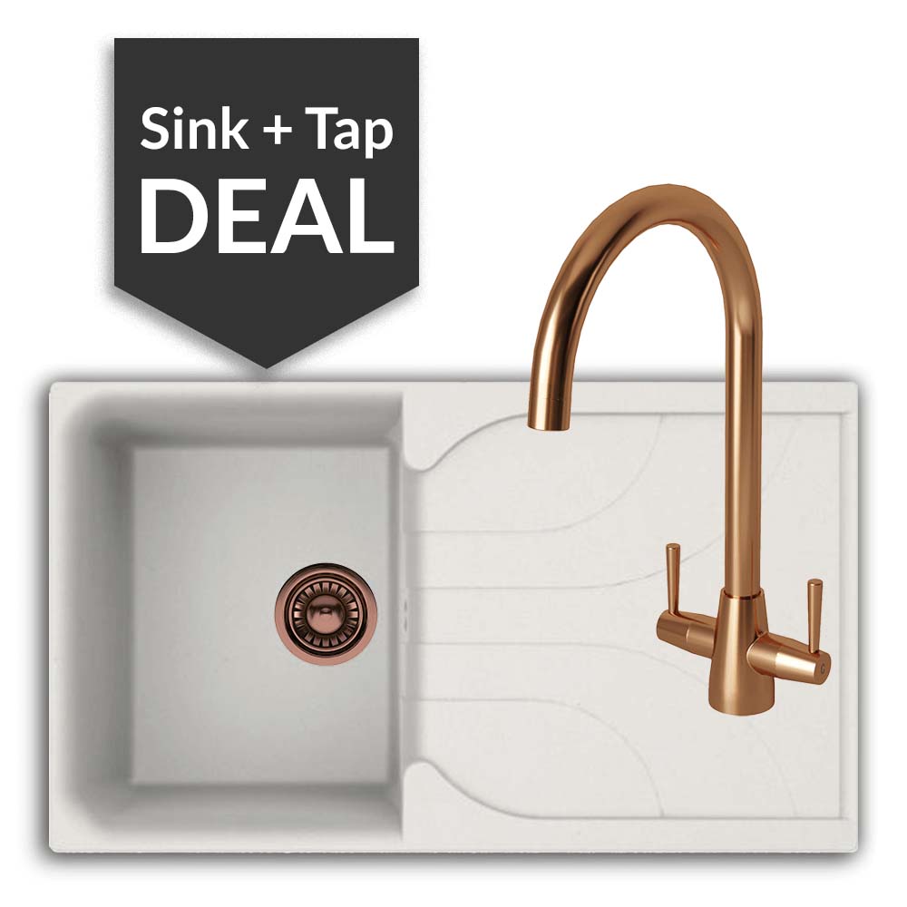 Quartz White Small Single Bowl Sink & Cascade Copper Tap Pack