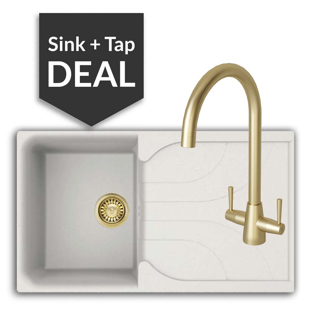 Quartz White Small Single Bowl Sink & Cascade Brass Tap Pack