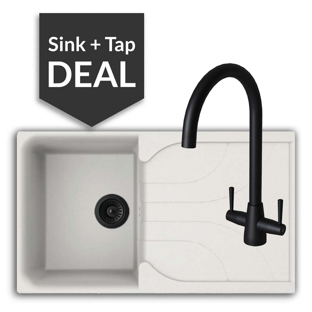 Quartz White Small Single Bowl Sink & Cascade Matte Black Tap Pack