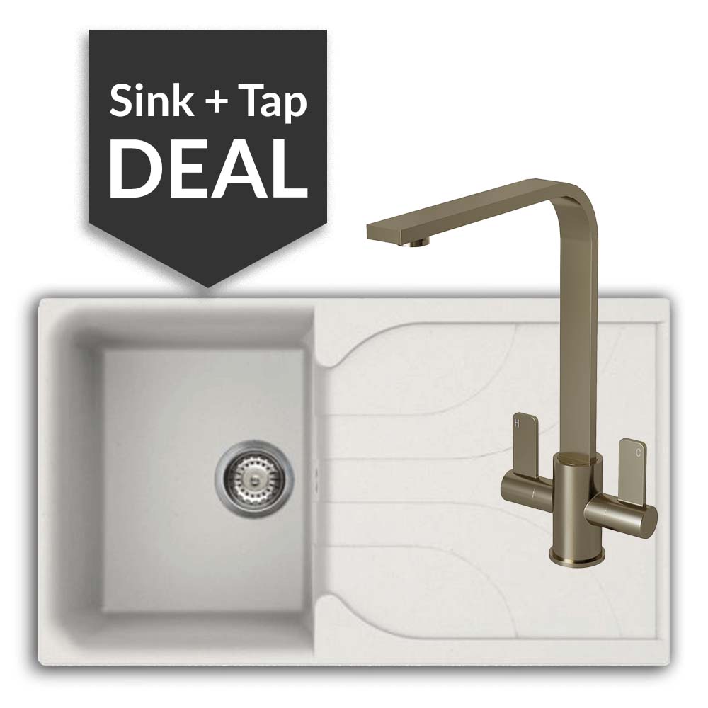 Quartz White Small Single Bowl Sink & Mesa Brushed Steel Tap Pack