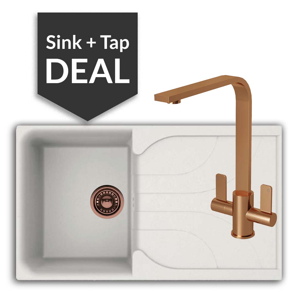 Quartz White Small Single Bowl Sink & Mesa Copper Tap Pack