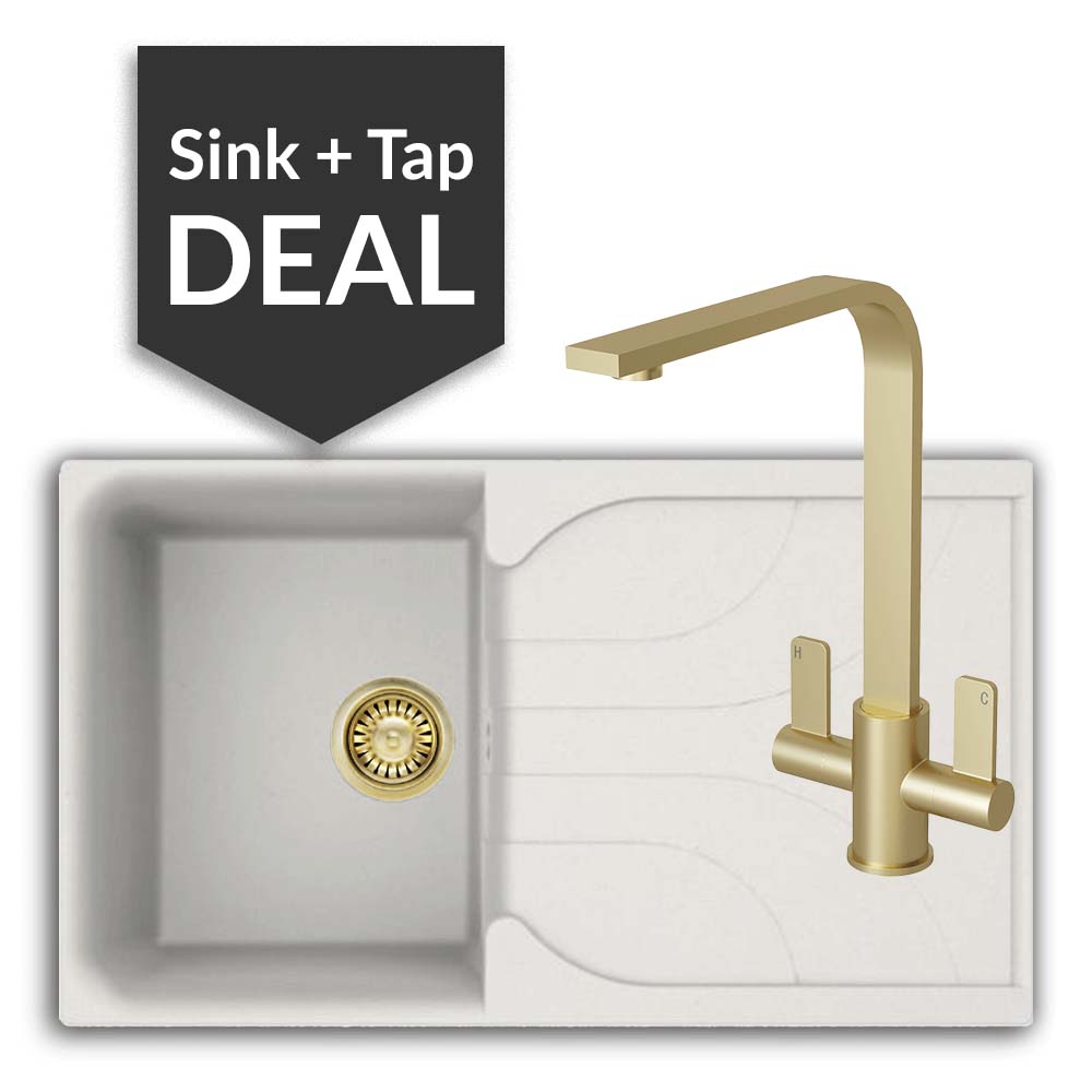 Quartz White Small Single Bowl Sink & Mesa Brass Tap Pack