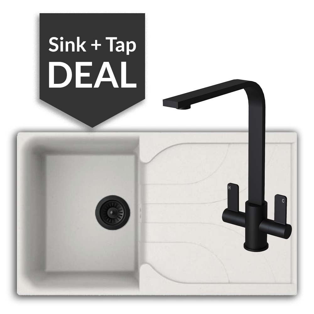 Quartz White Small Single Bowl Sink & Mesa Matte Black Tap Pack