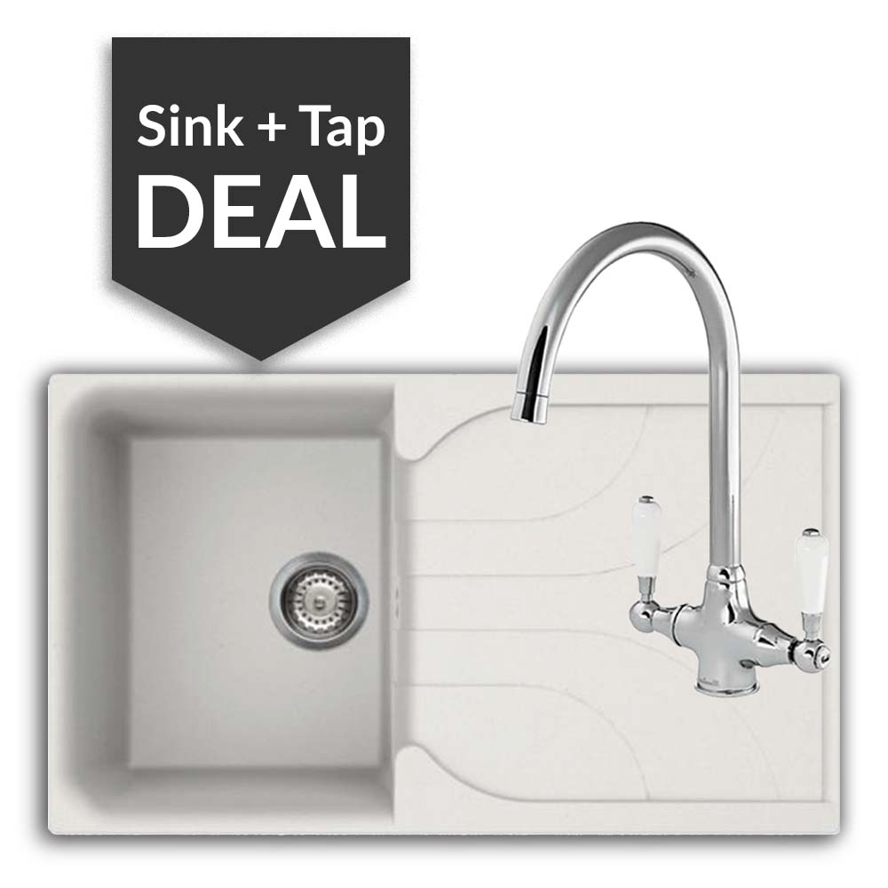 Quartz White Small Single Bowl Sink & Belmore Chrome Tap Pack