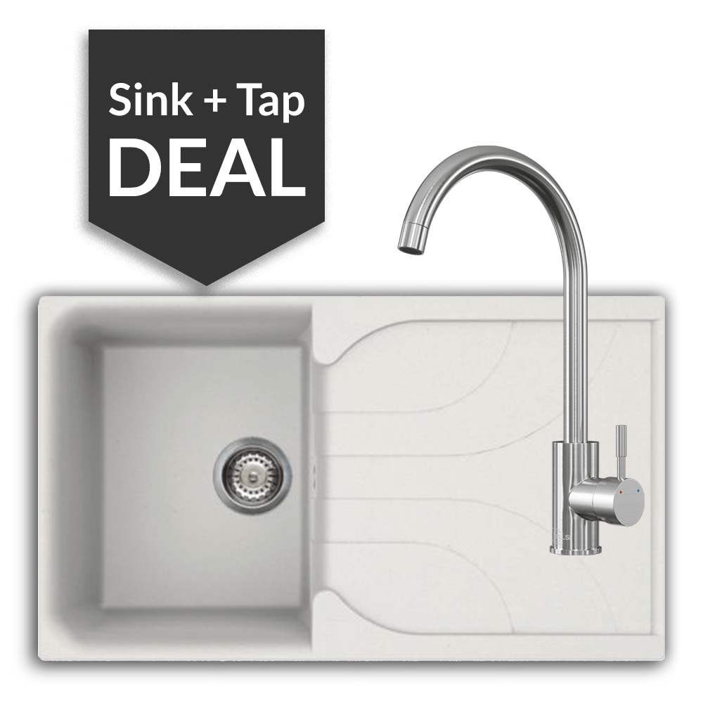 Quartz White Small Single Bowl Sink & Varone Brushed Steel Tap Pack