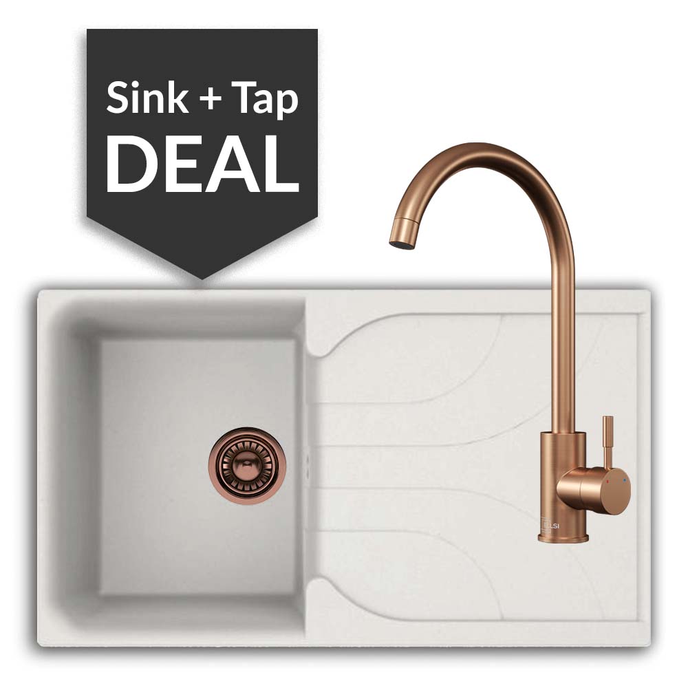 Quartz White Small Single Bowl Sink & Varone Copper Tap Pack