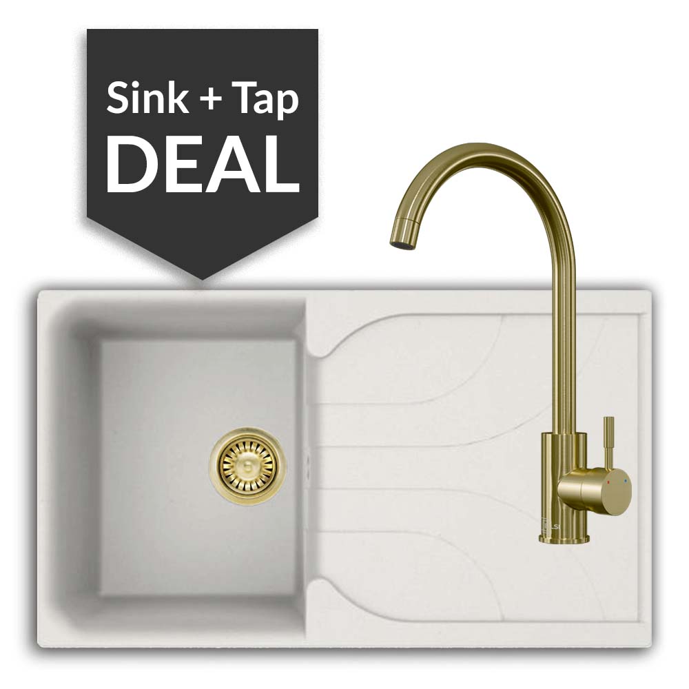 Quartz White Small Single Bowl Sink & Varone Brass Tap Pack