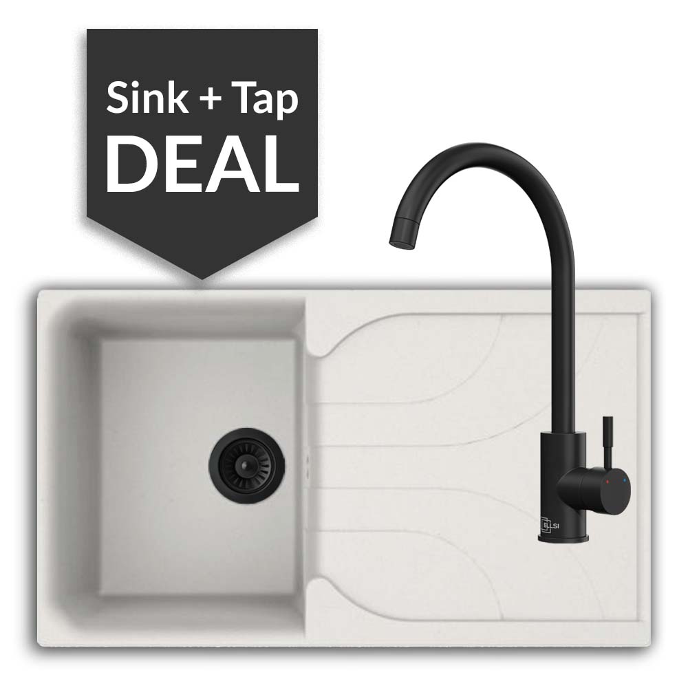 Quartz White Small Single Bowl Sink & Varone Matte Black Tap Pack