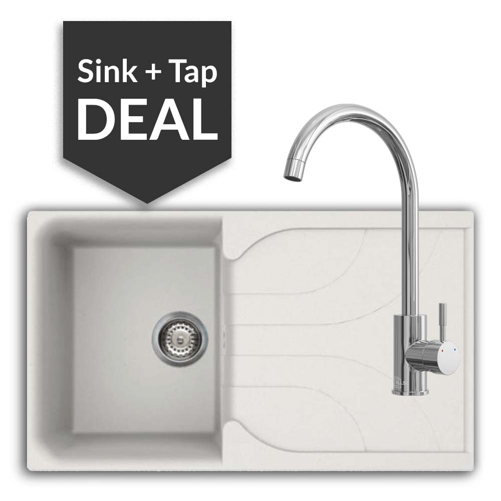 Quartz White Small Single Bowl Sink & Varone Chrome Tap Pack