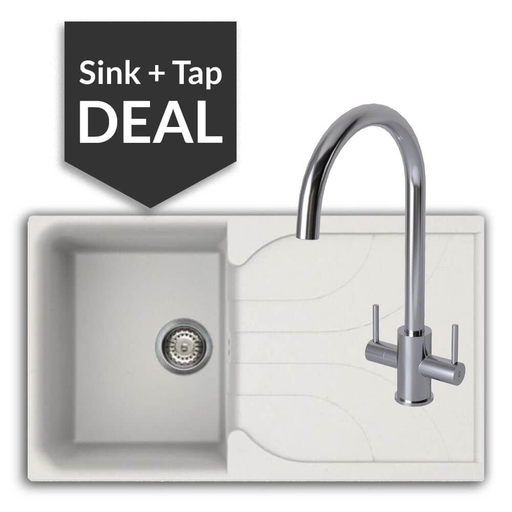 Quartz White Small Single Bowl Sink & Apsley Chrome Tap Pack