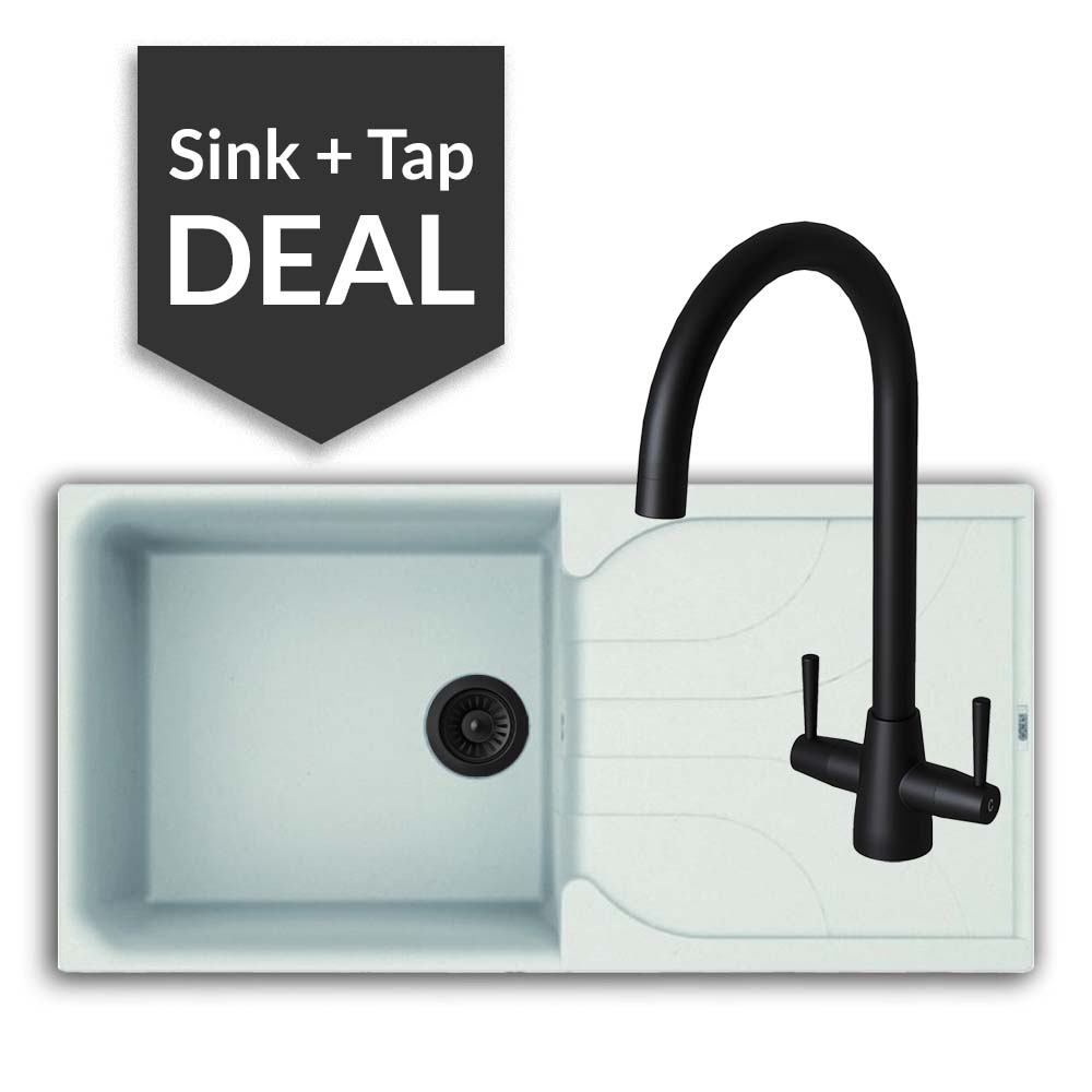 Quartz White Large Single Bowl Sink & Cascade Matte Black Tap Pack