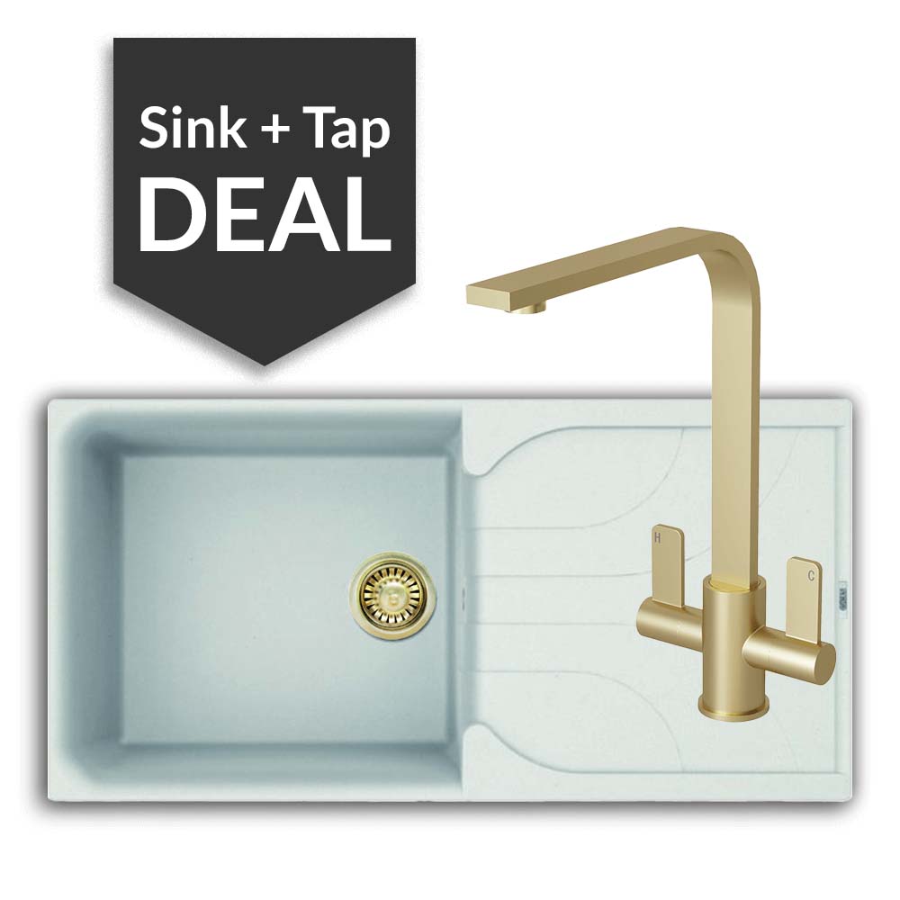 Quartz White Large Single Bowl Sink & Mesa Brass Tap Pack