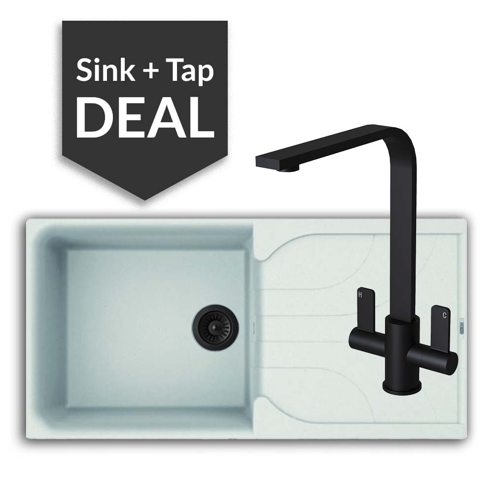 Quartz White Large Single Bowl Sink & Mesa Matte Black Tap Pack