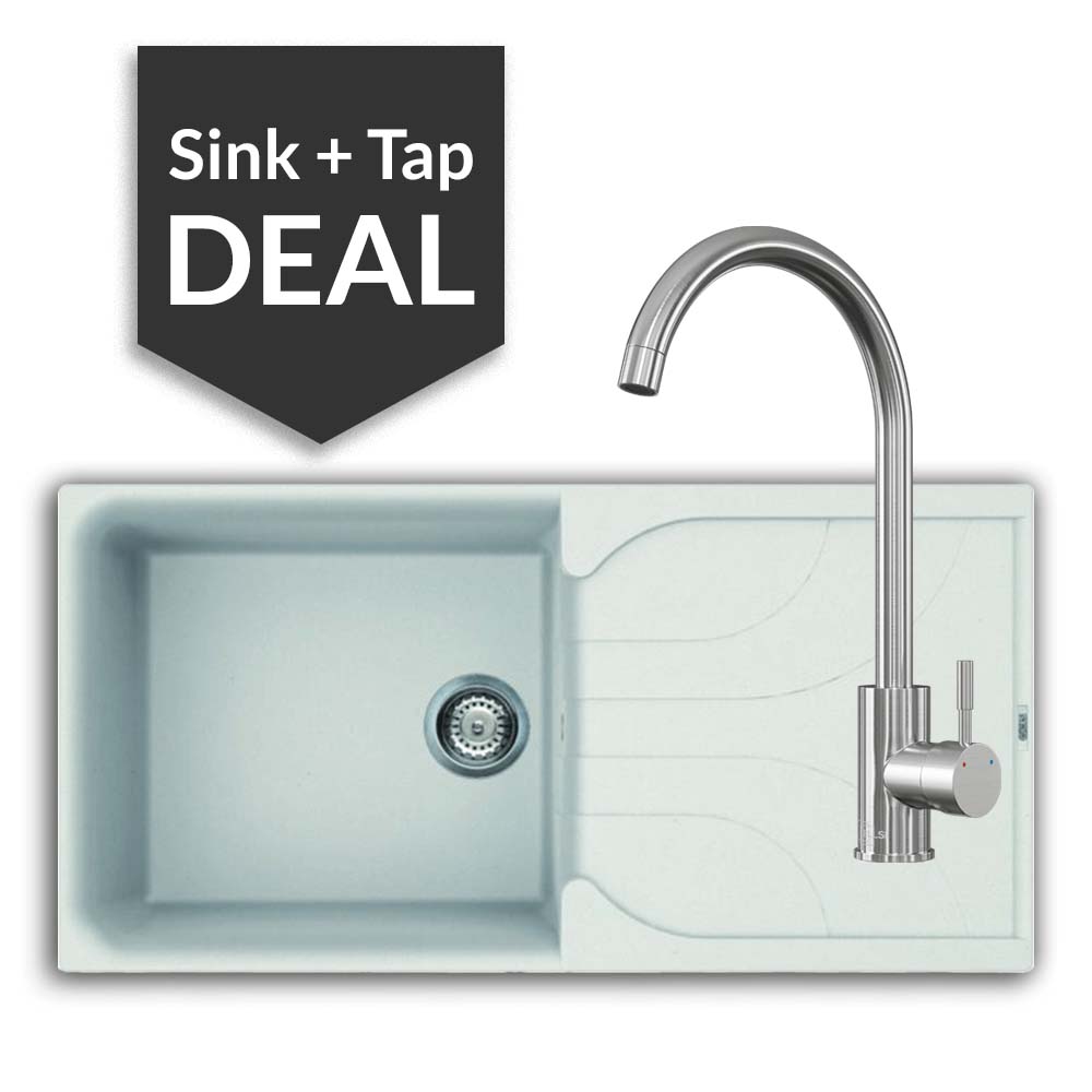 Quartz White Large Single Bowl Sink & Varone Brushed Steel Tap Pack