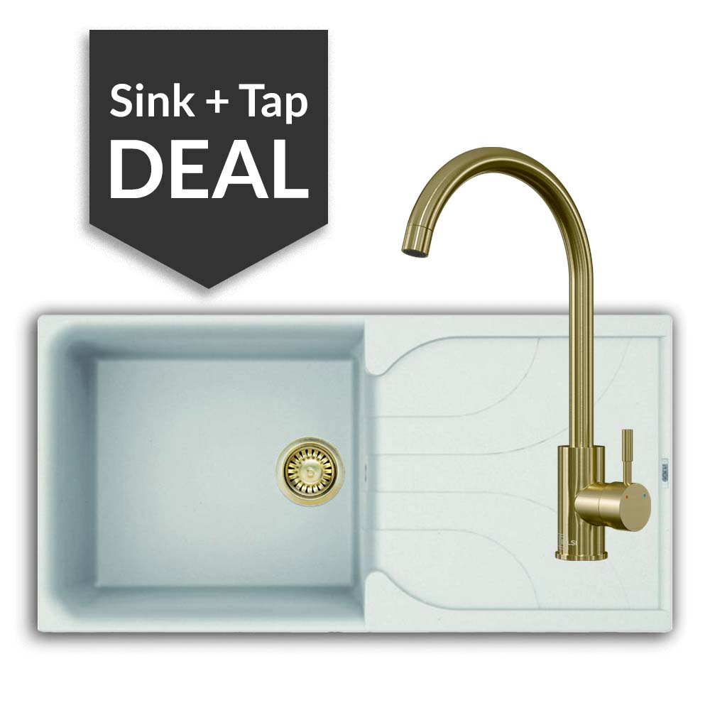 Quartz White Large Single Bowl Sink & Varone Brass Tap Pack