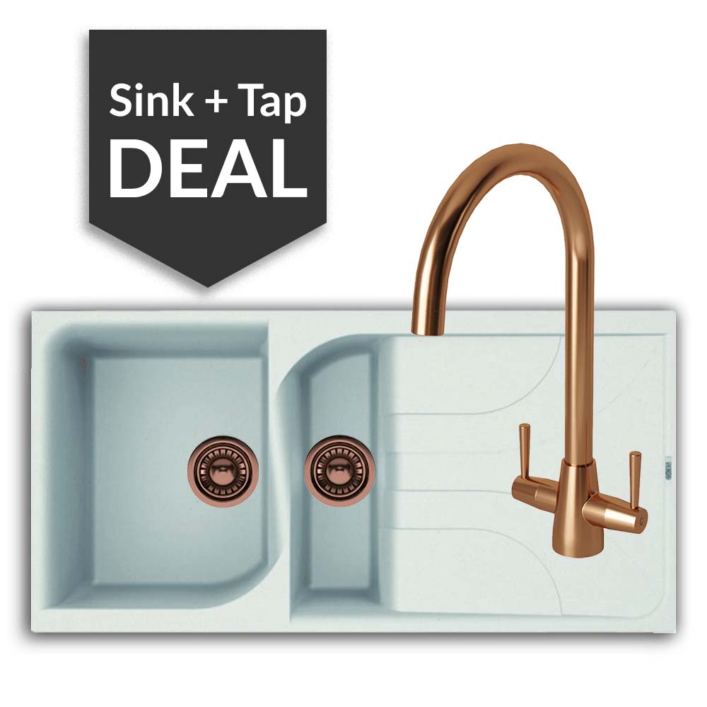 Quartz White 1.5 Bowl Sink & Cascade Copper Tap Pack