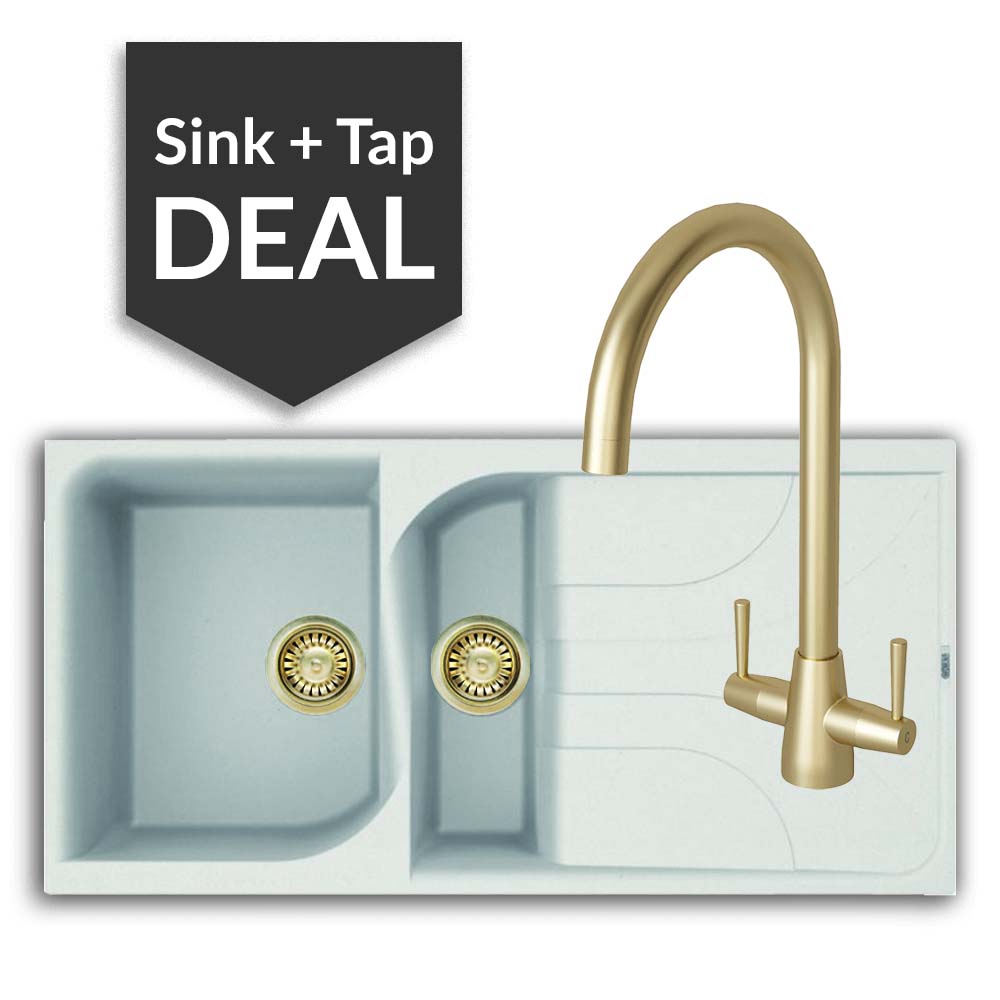 Quartz White 1.5 Bowl Sink & Cascade Brass Tap Pack