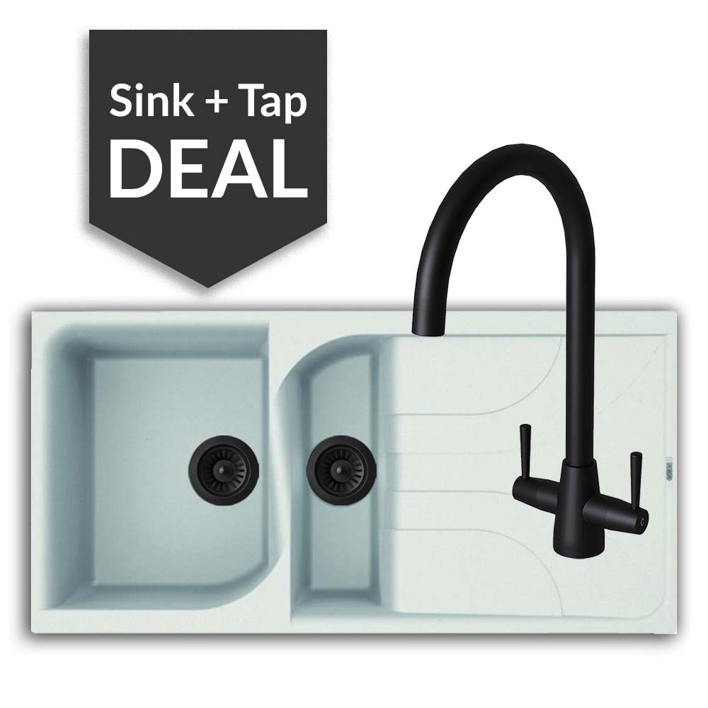 Quartz White 1.5 Bowl Sink & Cascade Matte Black Tap Pack