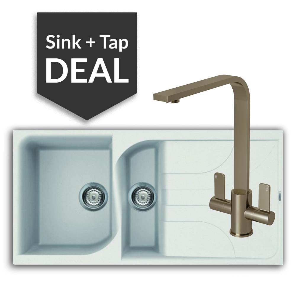 Quartz White 1.5 Bowl Sink & Mesa Brushed Steel Tap Pack