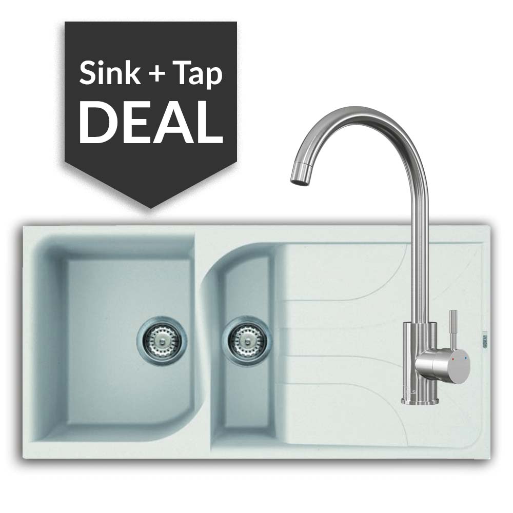 Quartz White 1.5 Bowl Sink & Varone Brushed Steel Tap Pack