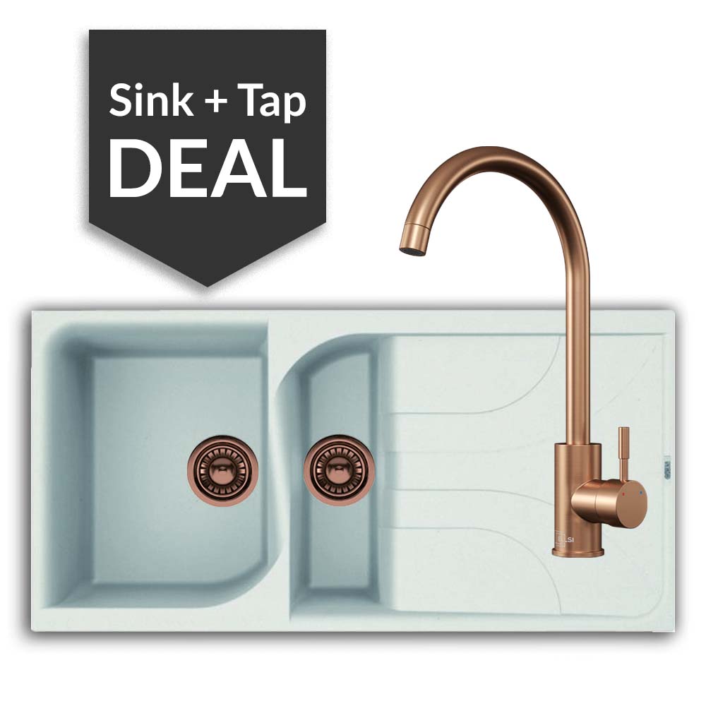 Quartz White 1.5 Bowl Sink & Varone Copper Tap Pack