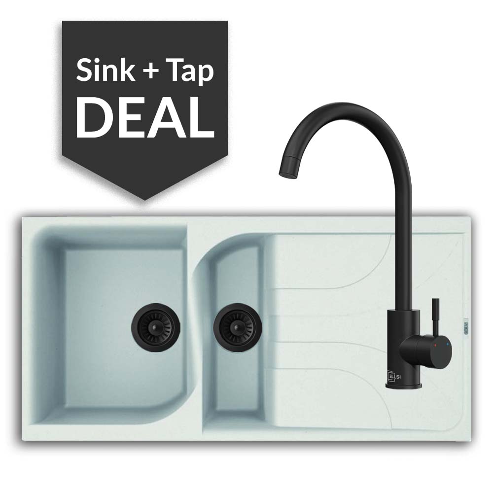 Quartz White 1.5 Bowl Sink & Varone Matte Black Tap Pack