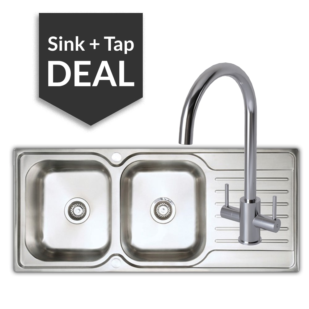 Premium Stainless Steel 2 Bowl Sink & Apsley Chrome Tap Pack