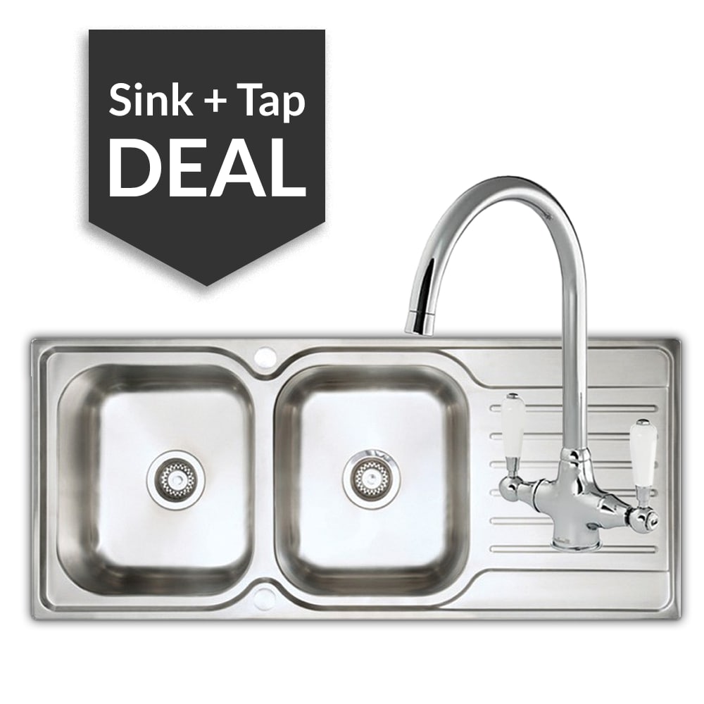 Premium Stainless Steel 2 Bowl Sink & Belmore Chrome Tap Pack